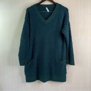 Zenana Outfitters Women's Long Sleeve V-Neck Popcorn Knit Sweater Teal Large